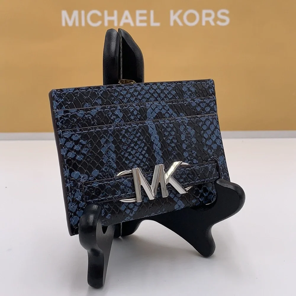 MICHAEL KORS Reed Large Snakeskin Python Patter Card Holder Case Denim NWT